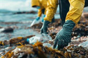 Close-up, Ocean cleanup action shot, volunteers removing plastic waste, showcasing global recycling efforts, World Recycling Day