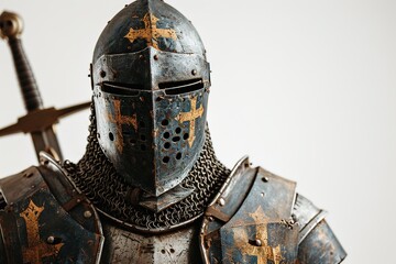 A knight in armor with a shield and sword. A stoic knight stands tall, his glistening armor a symbol of bravery and protection, as he guards a statue of valor in a display of timeless art