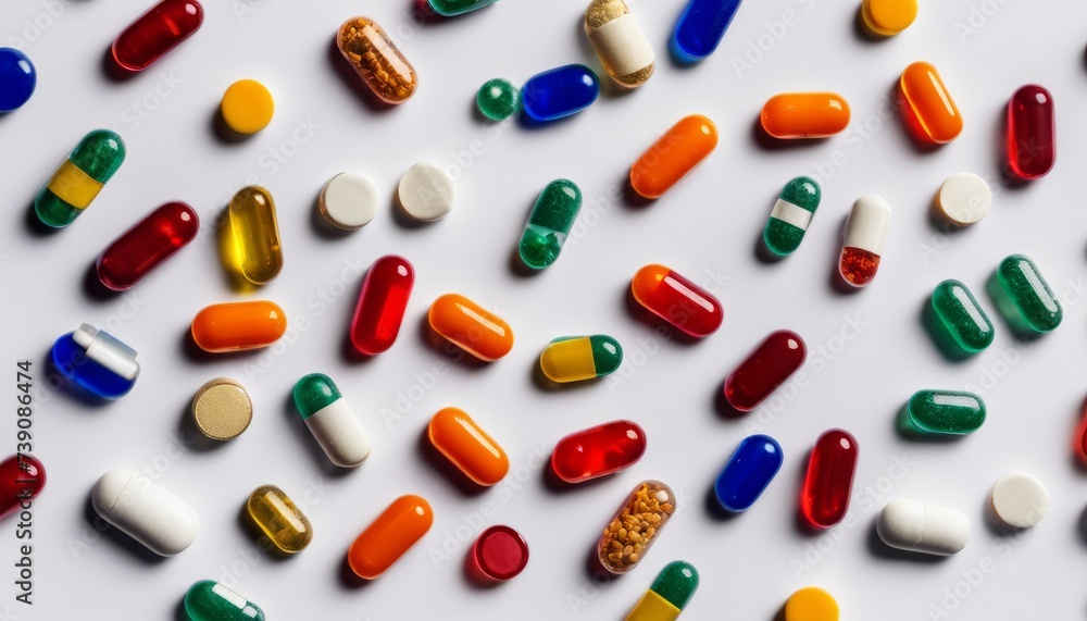 Poster  Vibrant array of colorful pills on a white background