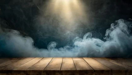 Papier Peint photo autocollant Matin avec brouillard Mystical Aura: Smoke Rising from Empty Wooden Table