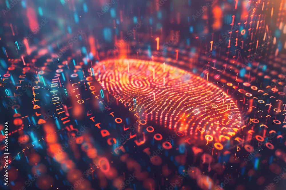 Poster a fingerprint is surrounded by numbers including ones and zeroes