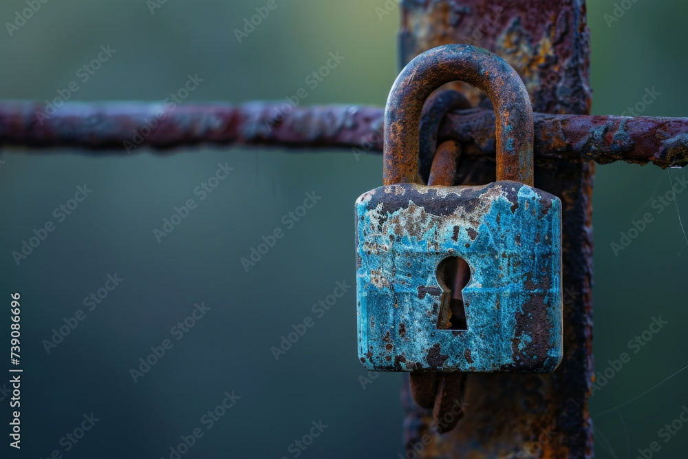 Poster a rusty padlock with a blue padlock attached to it