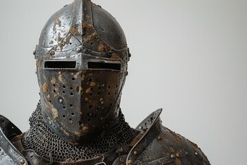 A knight in armor with a shield and sword. A stoic knight stands tall, his glistening armor a symbol of bravery and protection, as he guards a statue of valor in a display of timeless art