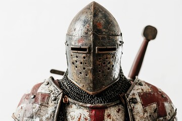 Fototapeta premium A knight in armor with a shield and sword. A stoic knight stands tall, his glistening armor a symbol of bravery and protection, as he guards a statue of valor in a display of timeless art