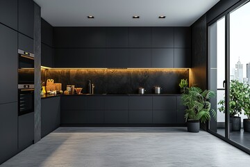 Corner view on dark kitchen room interior with grey wall - obrazy, fototapety, plakaty