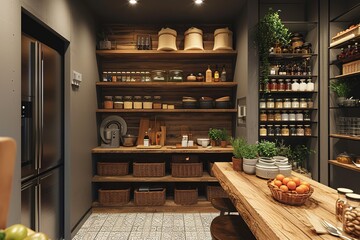 cozy pantry area with natural wood dining table and stainless hanging shelves in modern vintage style