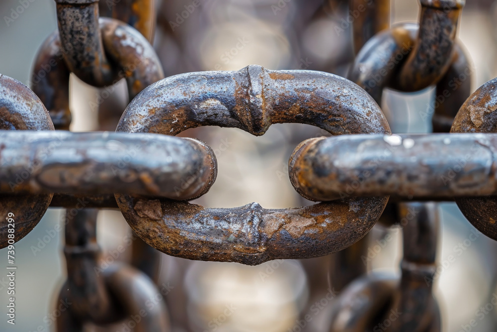 Poster a close up of a rusty chain with a broken link