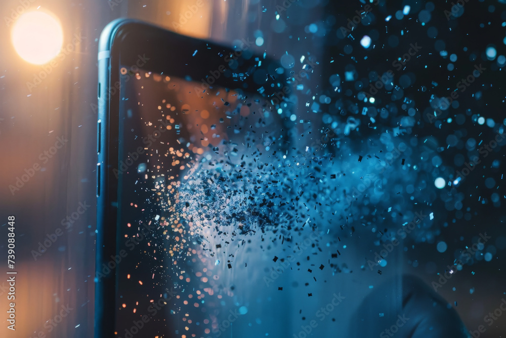Poster a phone screen is displaying a blue background with a lot of particles coming out of it