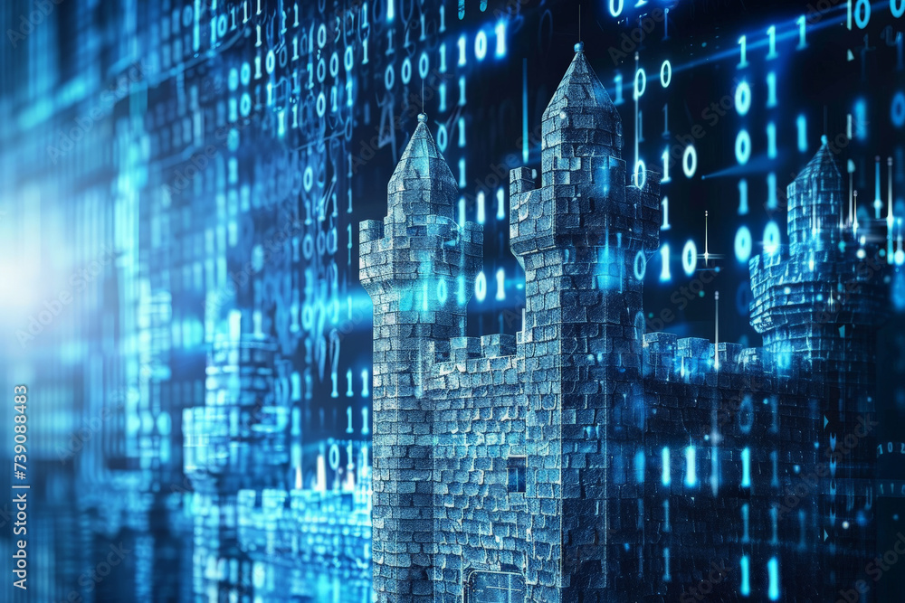 Poster a digital image of a castle surrounded by binary code