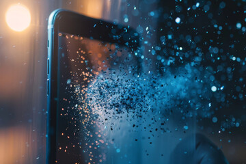A phone screen is displaying a blue background with a lot of particles coming out of it - Powered by Adobe