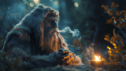 Enigmatic Bigfoot-Like Creature in Misty Forest and Ethereal Creature with Campfire - Mystical Fantasy Artwork for Enthusiasts and Storytellers