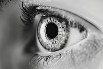 A black and white photo of a woman 's eye - obrazy, fototapety, plakaty