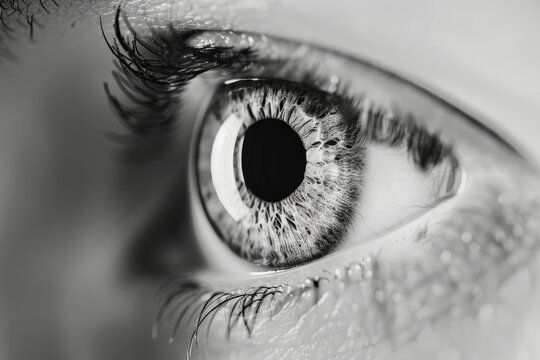 A black and white photo of a woman 's eye