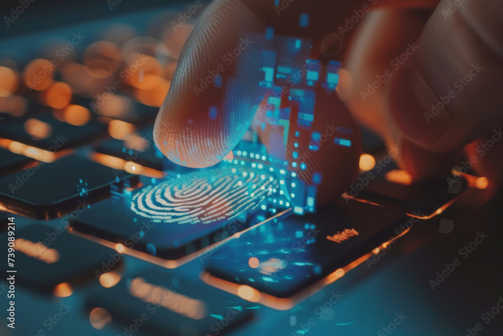 Poster a person pressing a key on a keyboard with a fingerprint on it