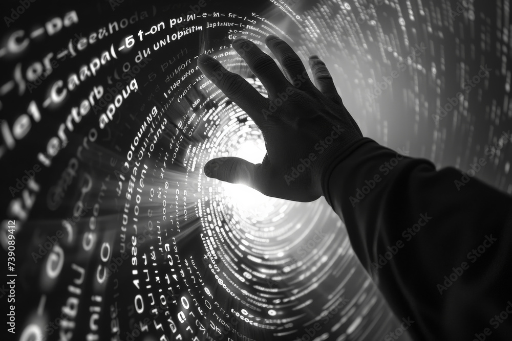 Poster a hand is reaching into a tunnel of binary code
