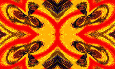 Amazing allure of an abstract seamless ikat pattern in vibrant yellow and red adorned with tribal patterns - obrazy, fototapety, plakaty