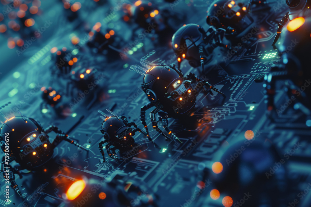 Poster a bunch of robots are crawling on a circuit board