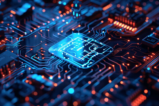 A close up of a circuit board with a cpu in the middle