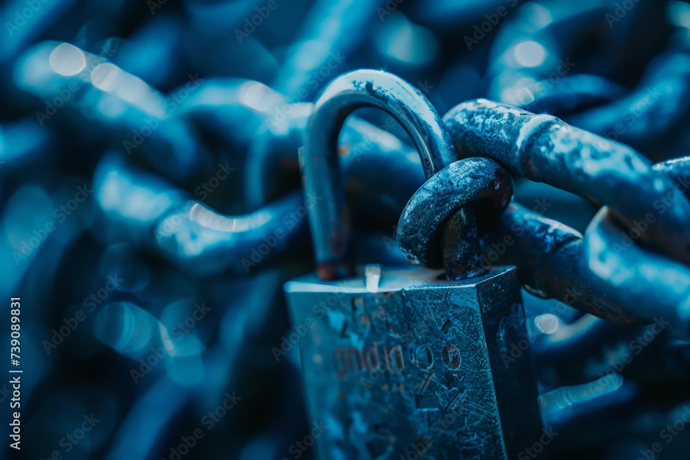 Poster a close up of a padlock with a chain behind it