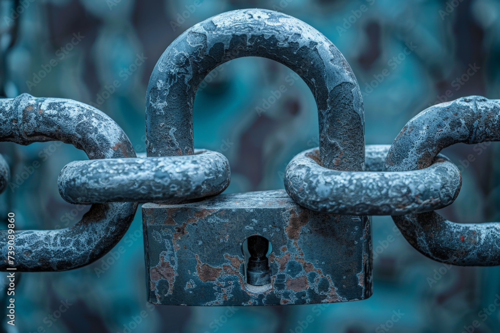 Poster a close up of a rusty padlock on a chain