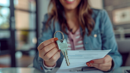 Close-up of keys, smiling woman realtor selling apartment, offering to client, holding documents and contract - obrazy, fototapety, plakaty