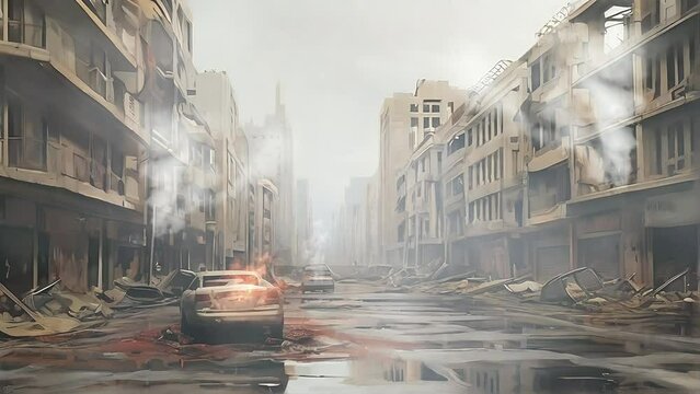 An urban setting with destroyed buildings after the apocalypse or after a war. Smoking buildings and burning vehicles. An animated video on the theme of destruction. Silent dead city background