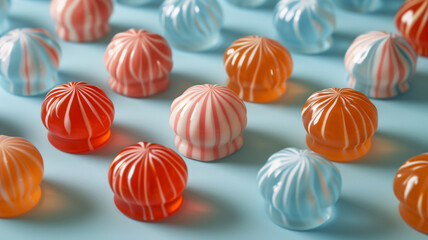 Obraz premium Bunte Sammlung von runden gestreiften Vintage Bonbons auf hellblauem Hintergrund, nostalgische Süßigkeiten arrangiert im Muster
