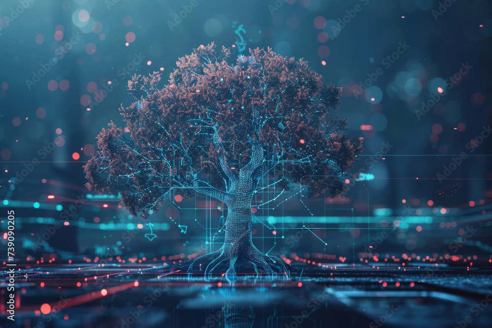 Poster a computer generated image of a tree on a circuit board