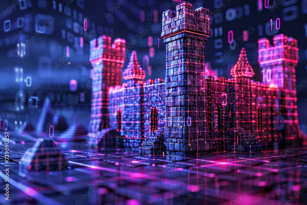 Poster a castle made of bricks is surrounded by binary code