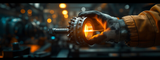 Heavy industry. A engineer holding a bolt with industrial background - obrazy, fototapety, plakaty