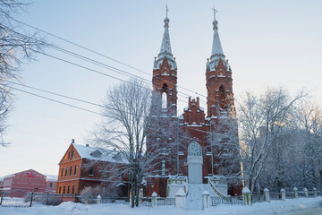 Obraz premium View of the Catholic Church of the Sacred Heart of Jesus on a January day. Rybinsk, Yaroslavl region