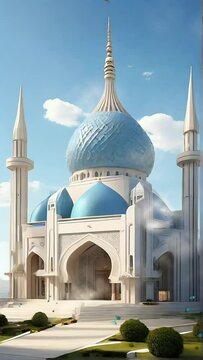 Seamless looping animation of a white mosque with a blue dome. Mosque with a garden full of butterflies in sunny morning weather. 4k potrait video for mobile