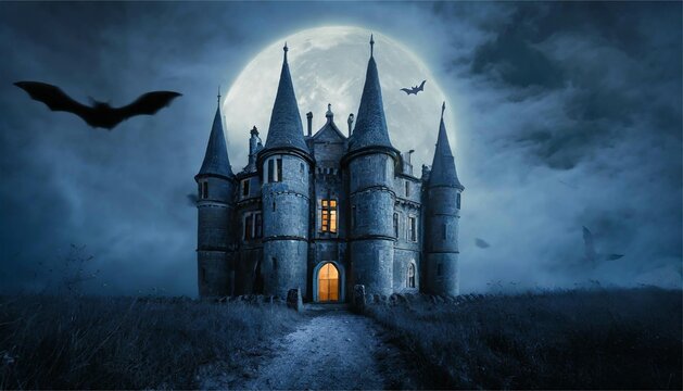 ハロウィン　ゴシック　城　月　コウモリ　背景素材　AI生成画像
