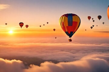 Obraz premium Hot air balloon floating in vivid sky with cloud and sunset in winter