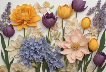 white background. flower collage. Spring flowers, small flowers, petals, spring theme. Muscari, lotus and other small spring flowers. Planar arrangement. Spring floral background, texture, wallpaper.