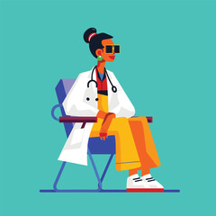 flat lady doctor character sitting in a chair medical scene illustration