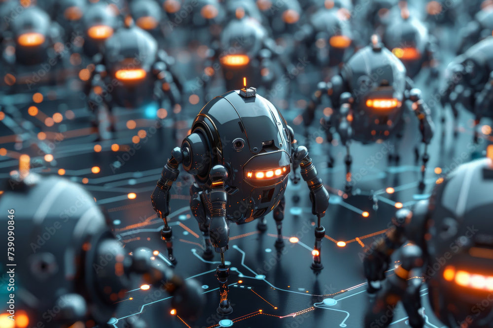 Poster a group of robots are standing on a circuit board