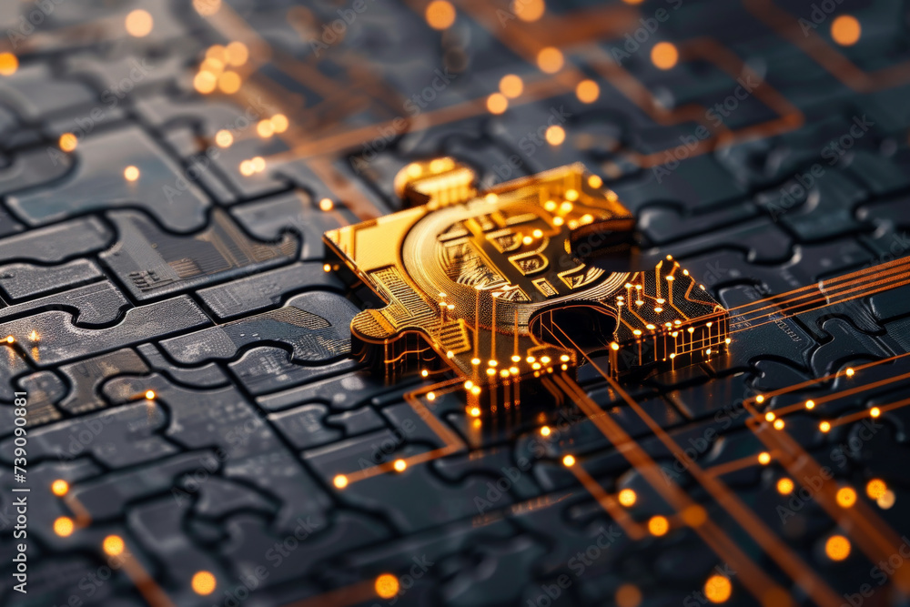 Aufkleber a piece of a puzzle with a coin in the middle that says ' bitcoin ' on it