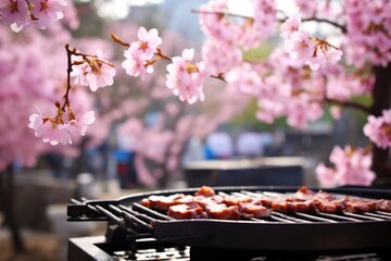 Korean barbecue with spring blossoms in the background in Seoul, South Korea. - obrazy, fototapety, plakaty