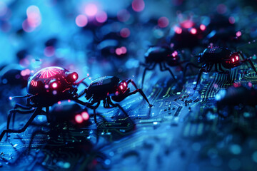 A group of spiders are crawling on a motherboard