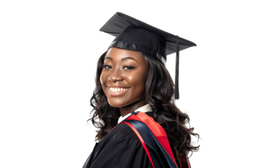 Black student smiling in graduation attire with hat, studio shot isolated white background PNG