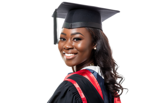 Black student smiling in graduation attire with hat, studio shot isolated white background PNG