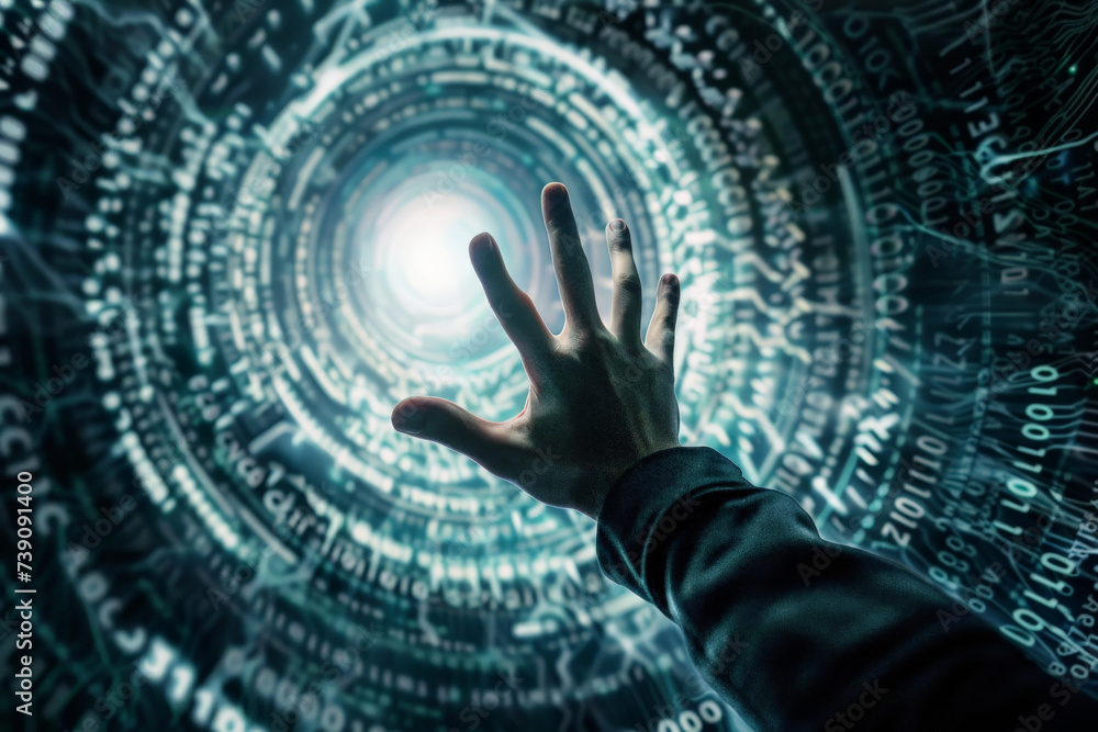 Poster a hand is reaching out into a tunnel of binary code