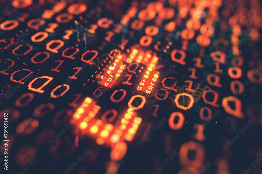 Poster a blurred image of a binary code with the numbers 0 and 1 visible
