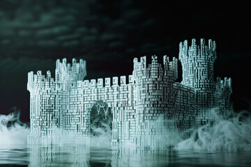 A model of a castle with smoke coming out of it