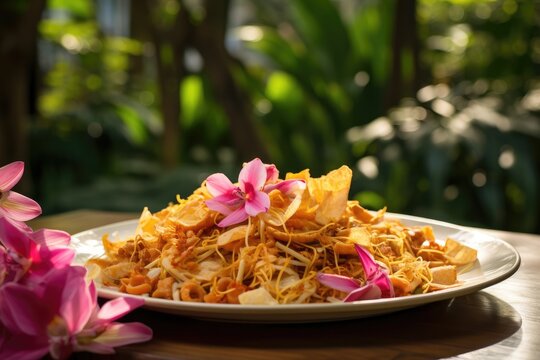 Plate of phad Thai with orchids in a Thai garden in Bangkok.