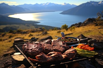 Argentine asado with grilled meats against the backdrop of Patagonian scenery.