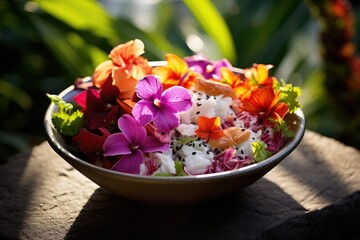 Hawaiian poke bowl with hibiscus flowers in a lush garden in Honolulu.
