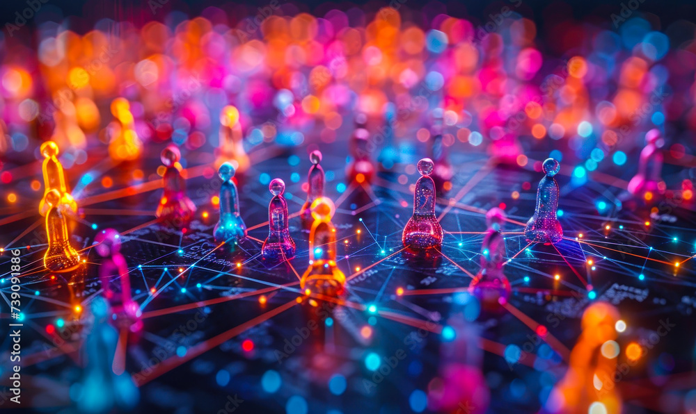 Poster colorful figurines connected by lines on a network grid illustrating concepts of social networking, 