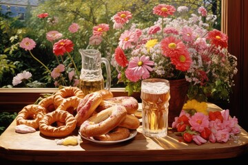 Obraz na płótnie Canvas German pretzels and sausages on a beer garden table surrounded by spring flowers.